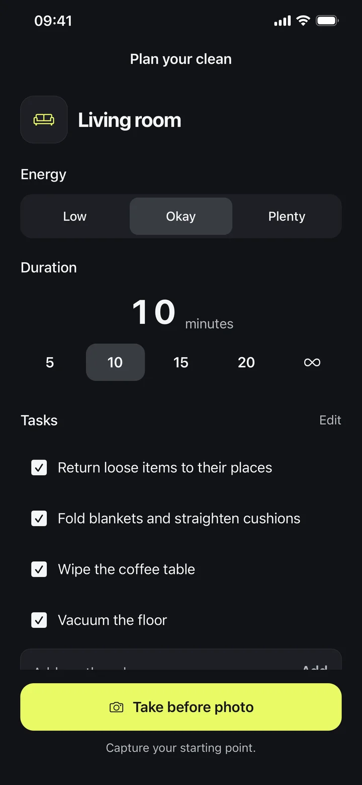 Time, energy and chores in Neatlet's cleaning setup