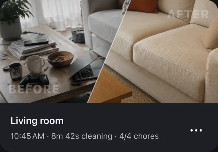 A saved before and after of a living room, with all four chores completed