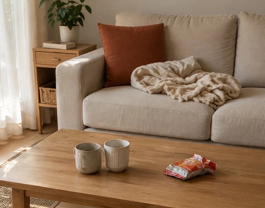 Living room before cleaning, with cups and a wrapper on the table